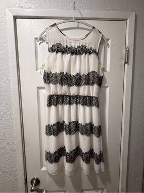 Studio White Midi Dress with Black Lace Stripes